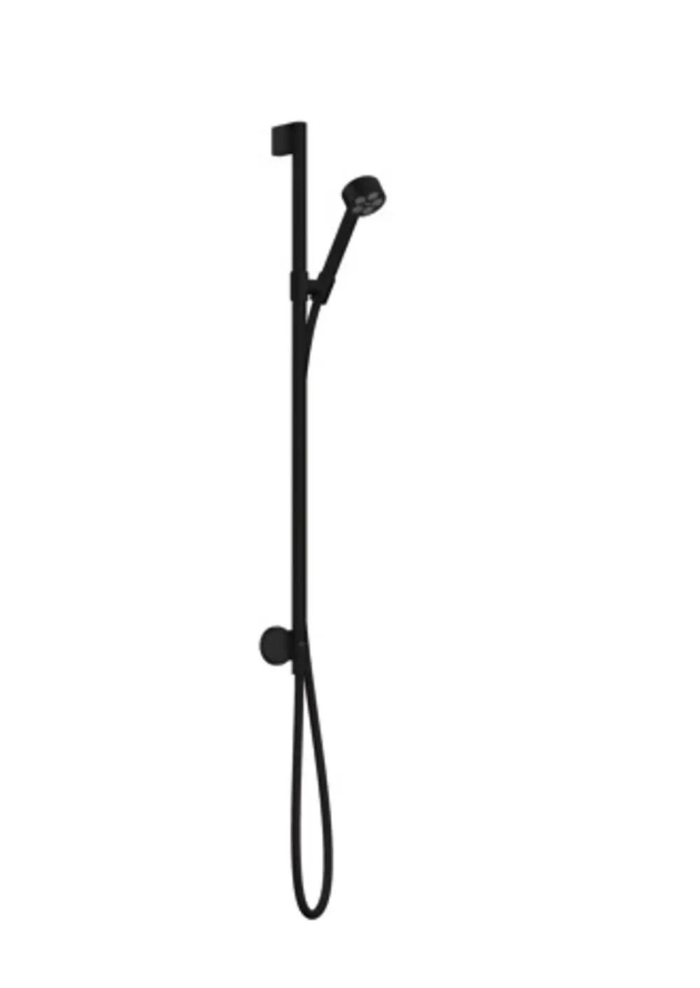 Schwarzes Brauseset mit Wandanschluss. Es zeigt eine vertikale Halterung und eine Handbrause in mattem Finish. Hersteller ist AXOR.